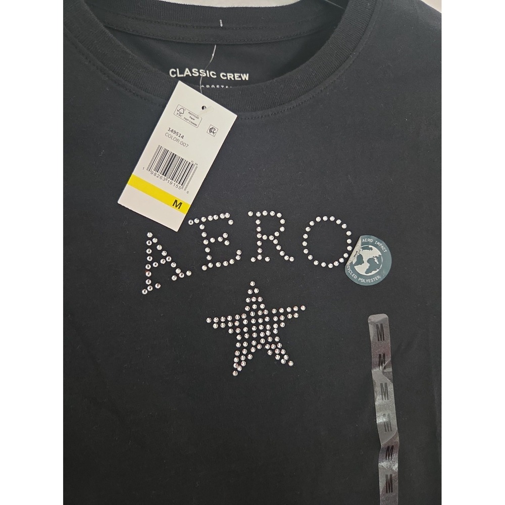 Aeropostale Shirt Womens M Black Classic Crew Short Sleeve Rhinestone AERO Tee - Picture 2 of 7